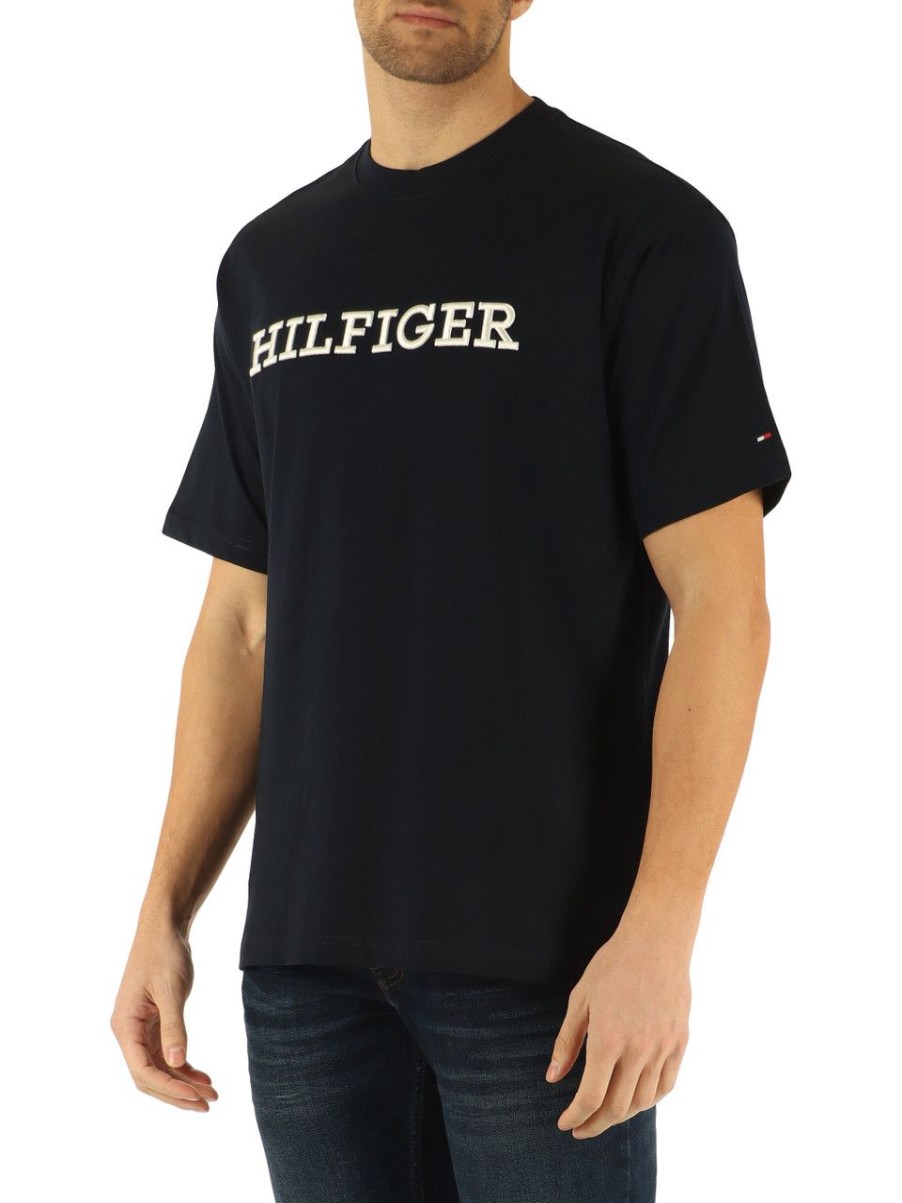 Uomo TOMMY HILFIGER | T-Shirt Archive Fit In Cotone Con Scritta Logo Blu Scuro