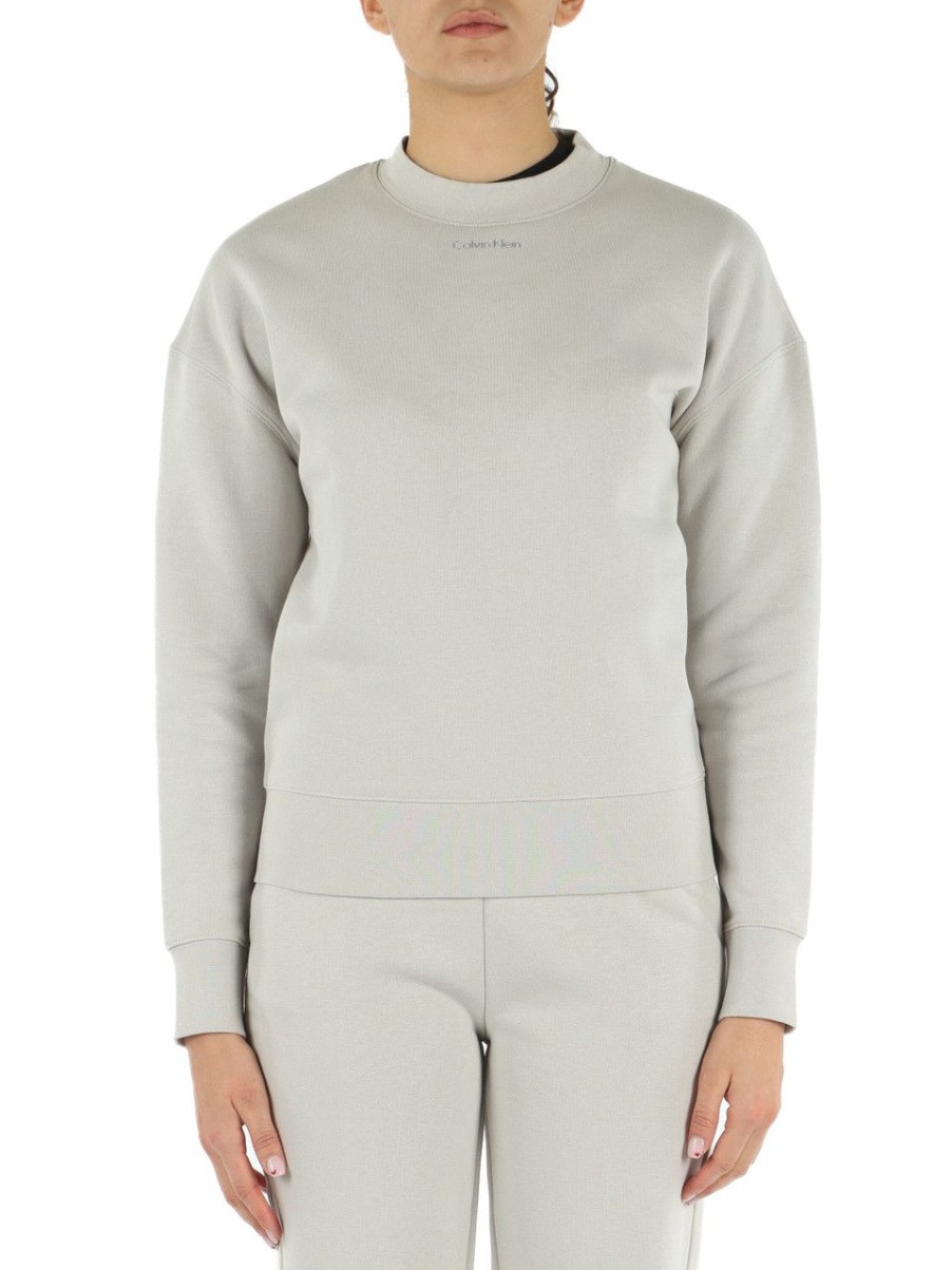 Donna CALVIN KLEIN | Felpa In Misto Cotone Con Scritta Logo A Rilievo Grigio