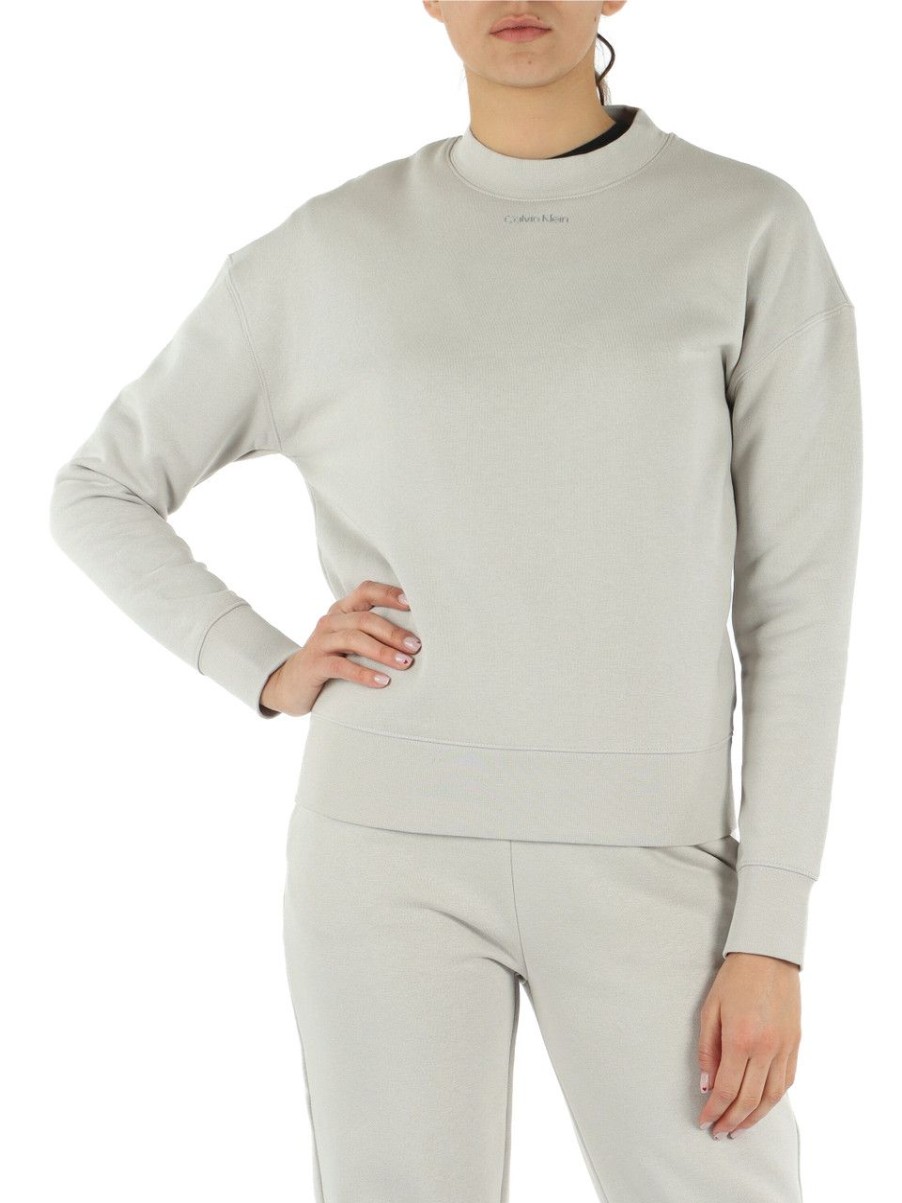 Donna CALVIN KLEIN | Felpa In Misto Cotone Con Scritta Logo A Rilievo Grigio