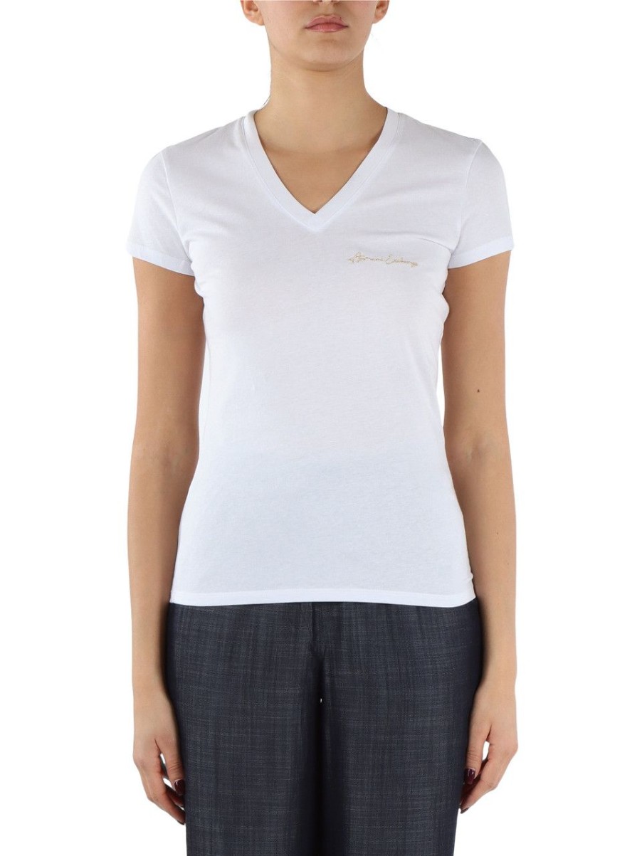 Donna ARMANI EXCHANGE | T-Shirt Collo A V In Cotone Con Ricamo Logo Bianco