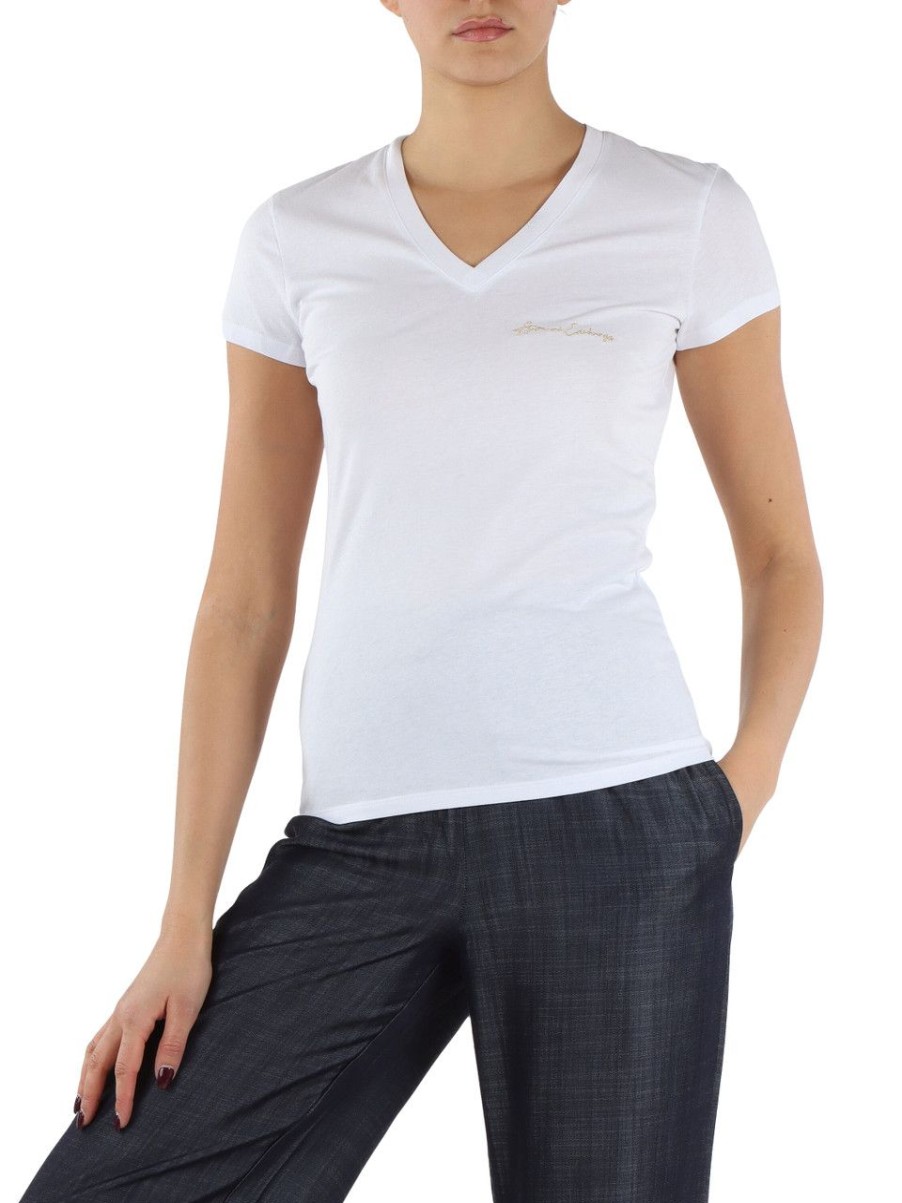 Donna ARMANI EXCHANGE | T-Shirt Collo A V In Cotone Con Ricamo Logo Bianco