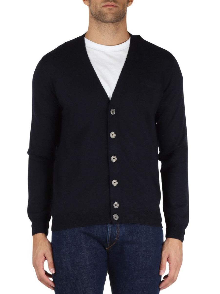 Uomo ALPHA STUDIO | Cardigan Slim Fit In Lana Merino Extrafine Blu Scuro