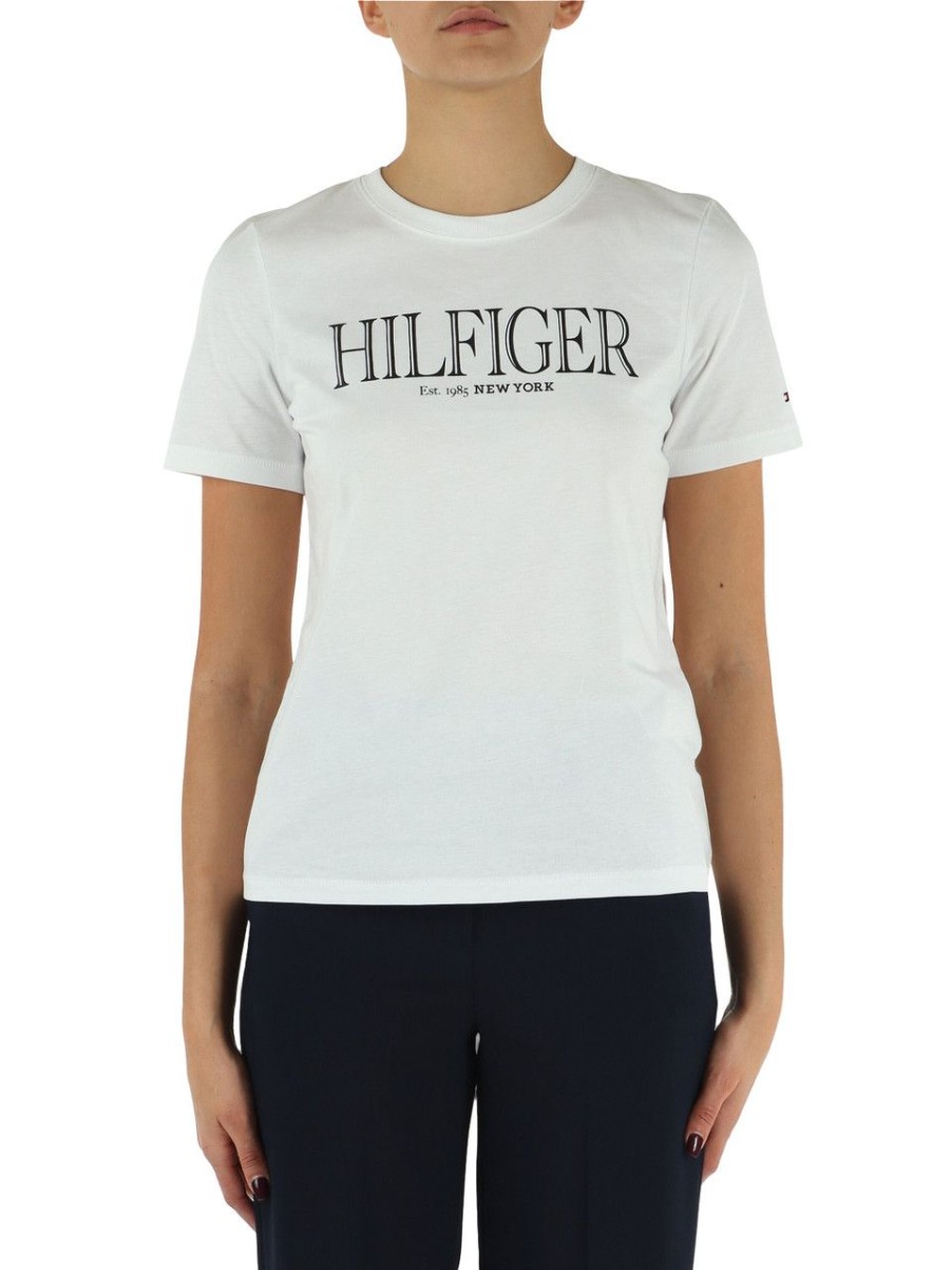 Donna TOMMY HILFIGER | T-Shirt In Cotone Con Scritta Logo Frontale Bianco