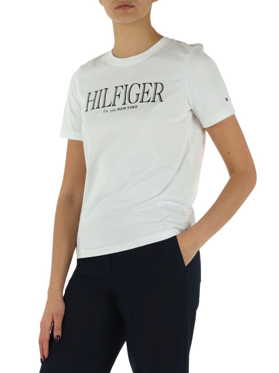 Donna TOMMY HILFIGER | T-Shirt In Cotone Con Scritta Logo Frontale Bianco