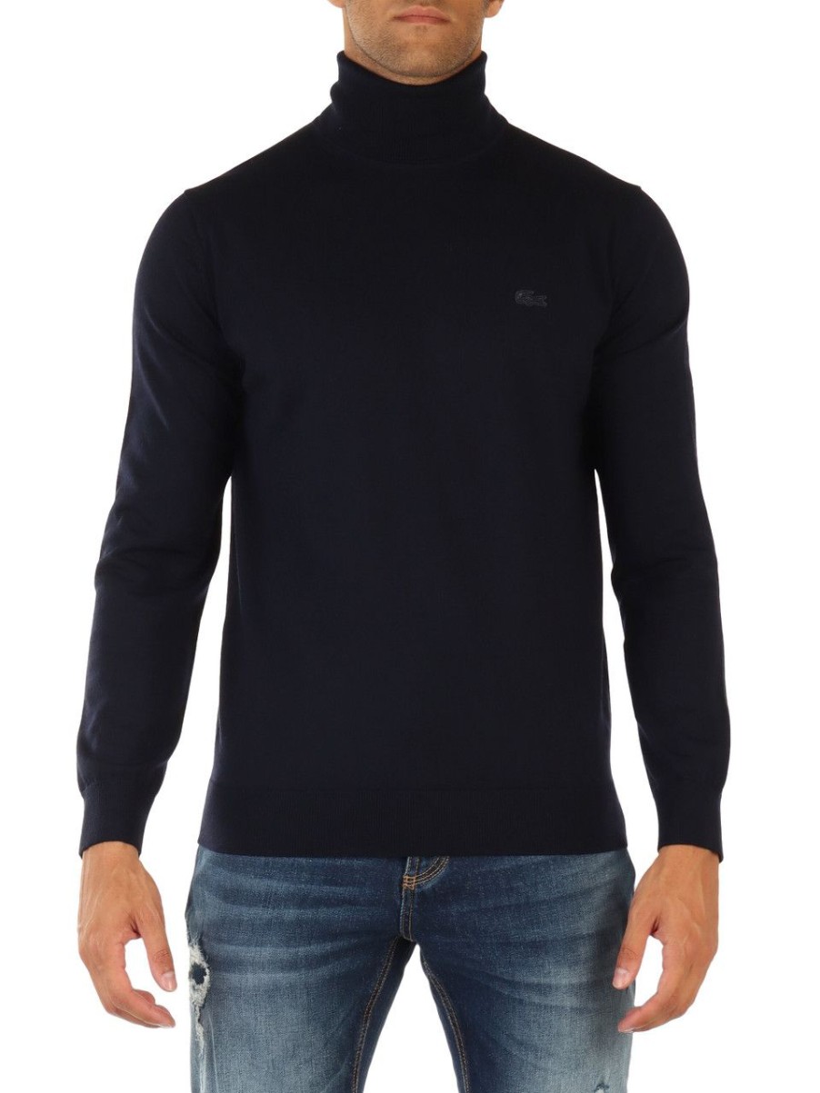 Uomo LACOSTE | Maglia Collo Alto Regular Fit In Lana Blu Scuro