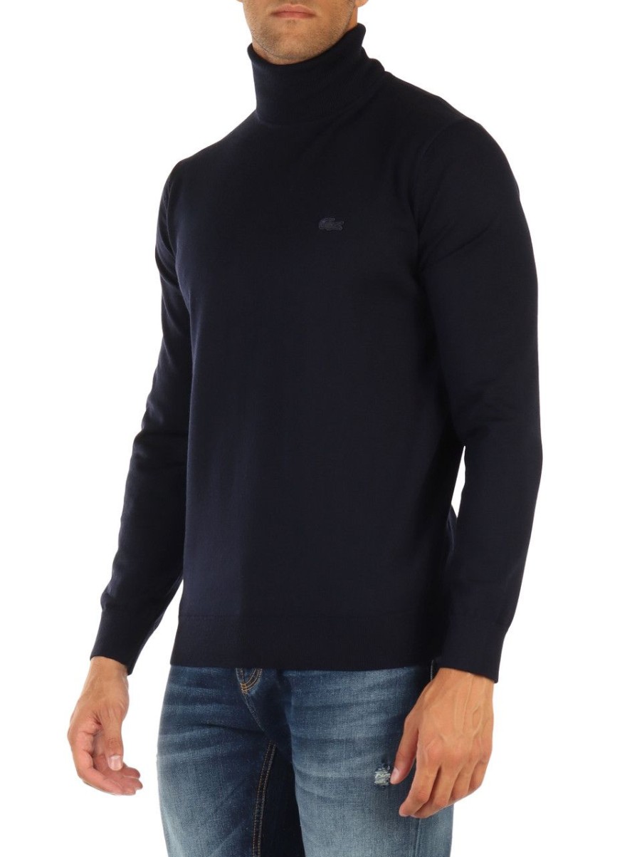 Uomo LACOSTE | Maglia Collo Alto Regular Fit In Lana Blu Scuro