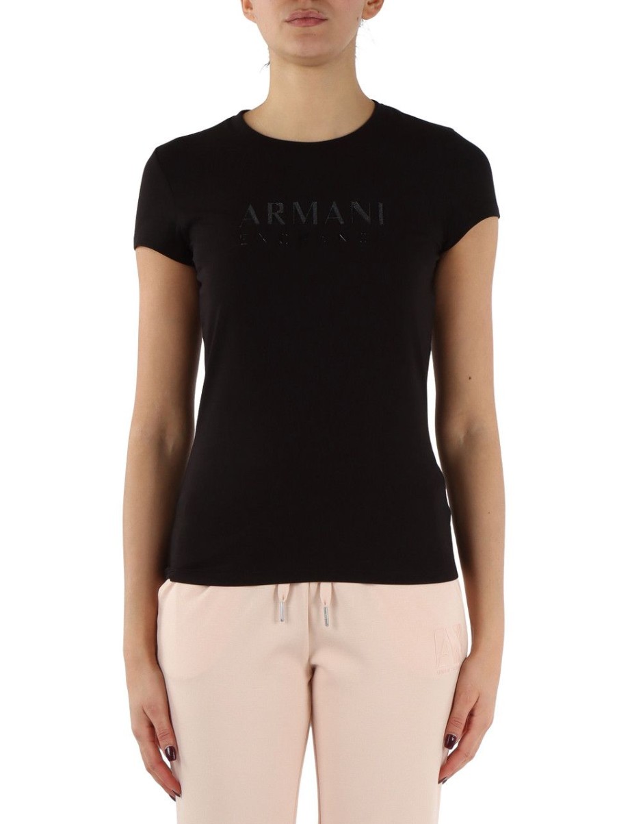 Donna ARMANI EXCHANGE | T-Shirt In Cotone Stretch Con Scritta Logo Gommata Nero