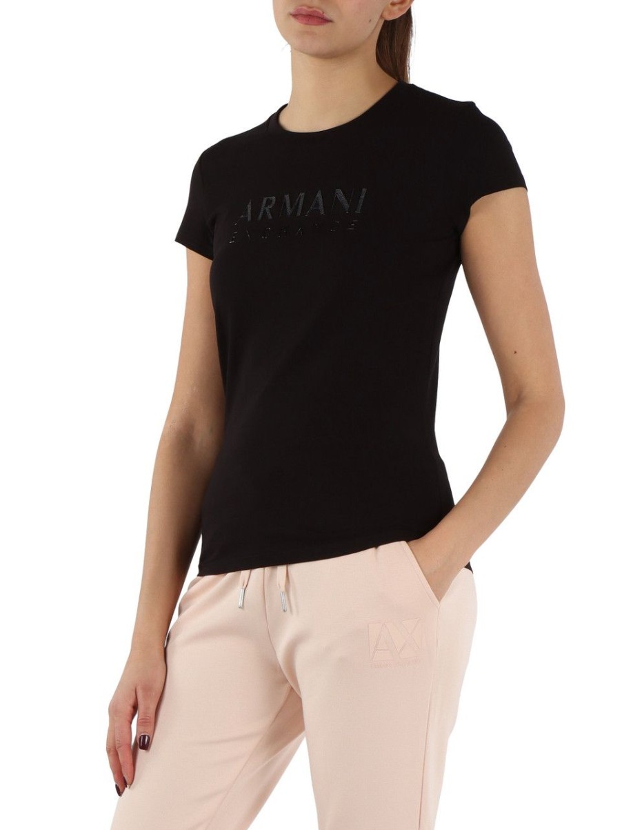 Donna ARMANI EXCHANGE | T-Shirt In Cotone Stretch Con Scritta Logo Gommata Nero