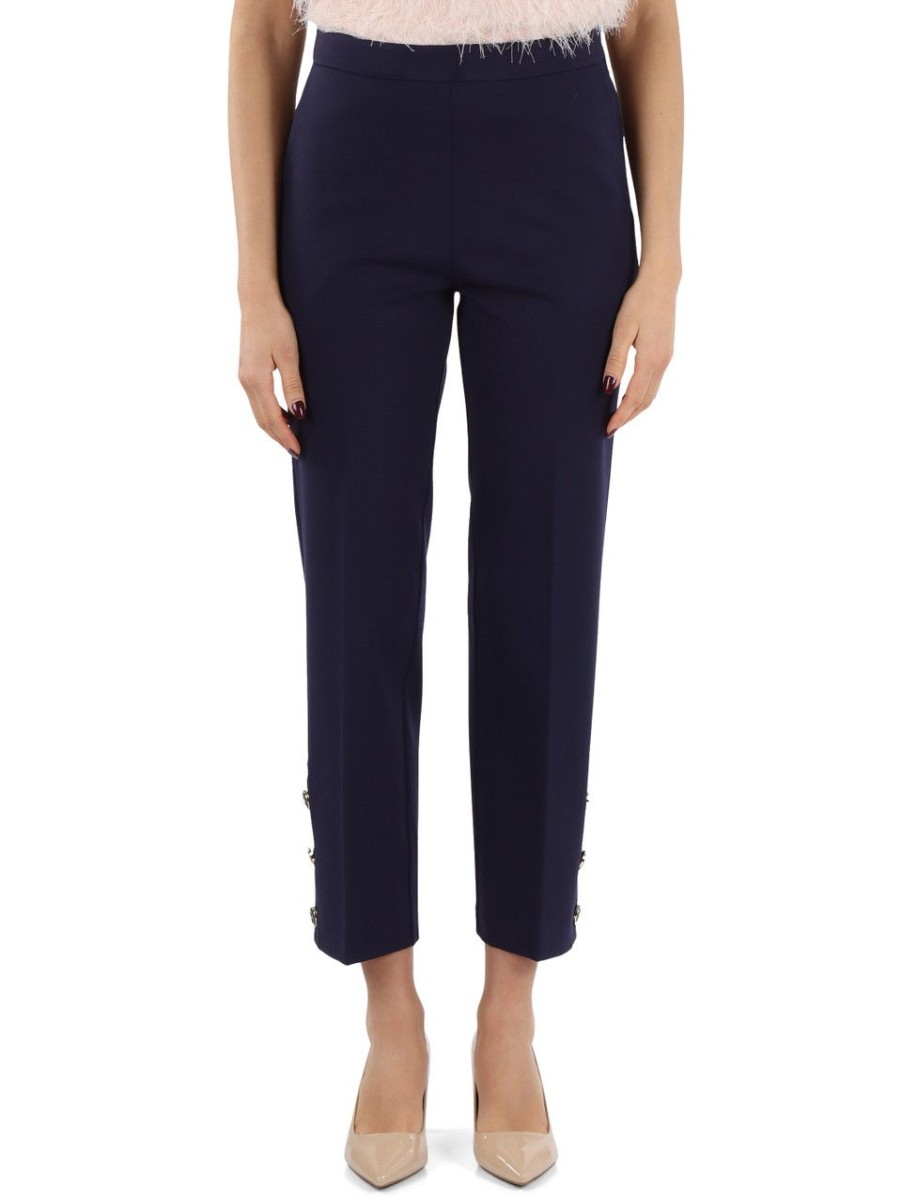 Donna TWINSET | Pantalone In Misto Viscosa Con Bottoni Logo Blu Scuro