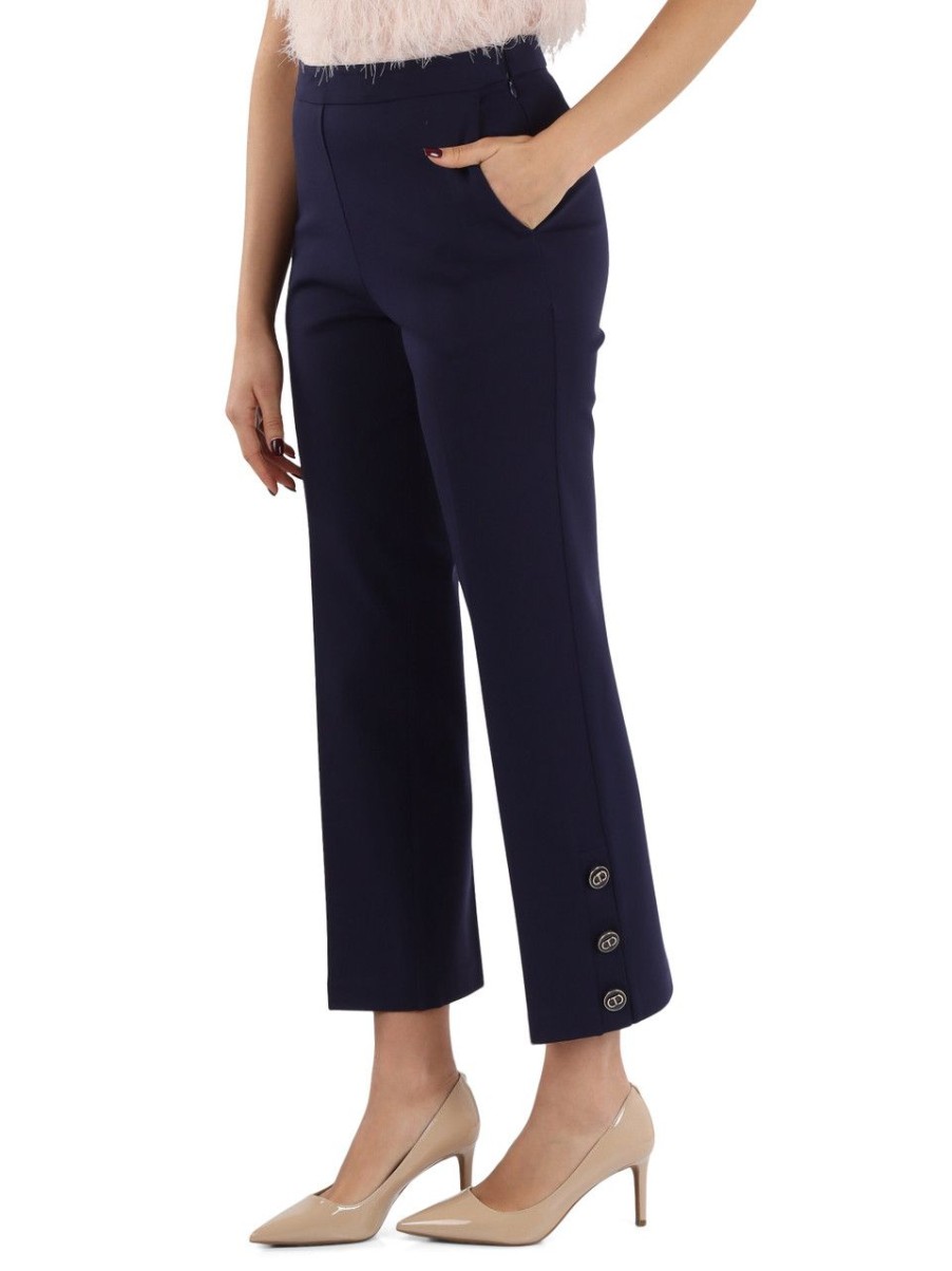 Donna TWINSET | Pantalone In Misto Viscosa Con Bottoni Logo Blu Scuro