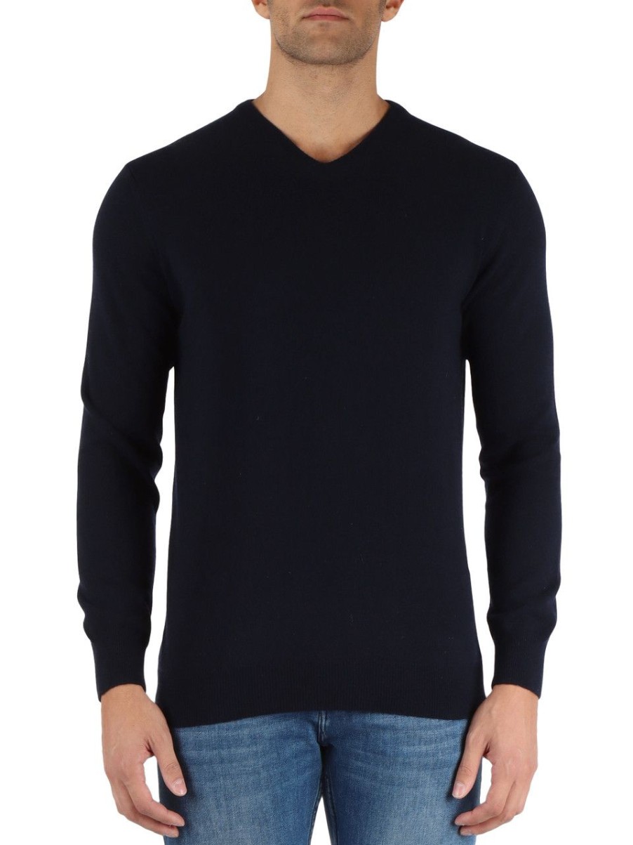 Uomo REFABRICS | Maglia Collo A V In Cashmere Blu Scuro