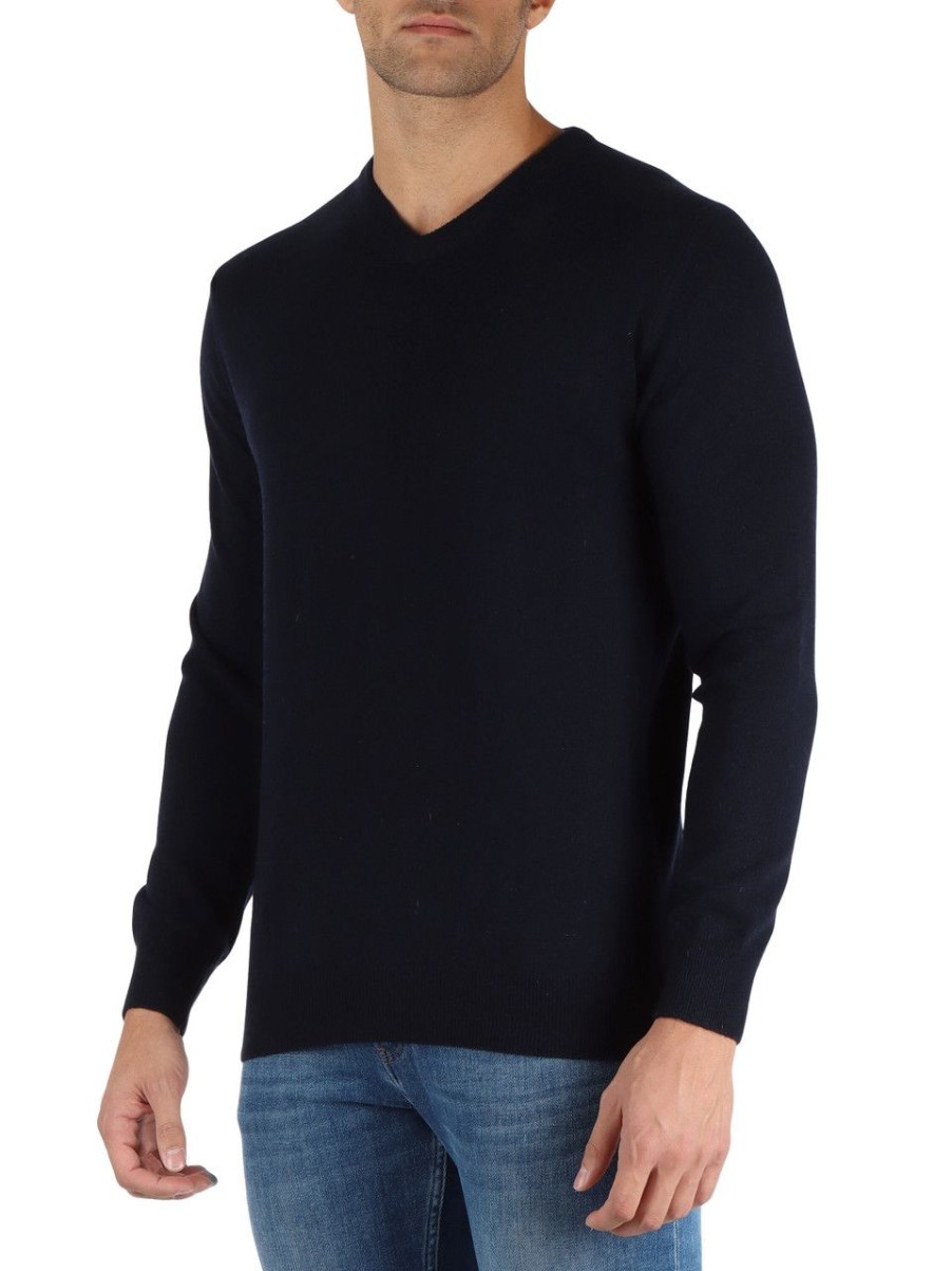 Uomo REFABRICS | Maglia Collo A V In Cashmere Blu Scuro