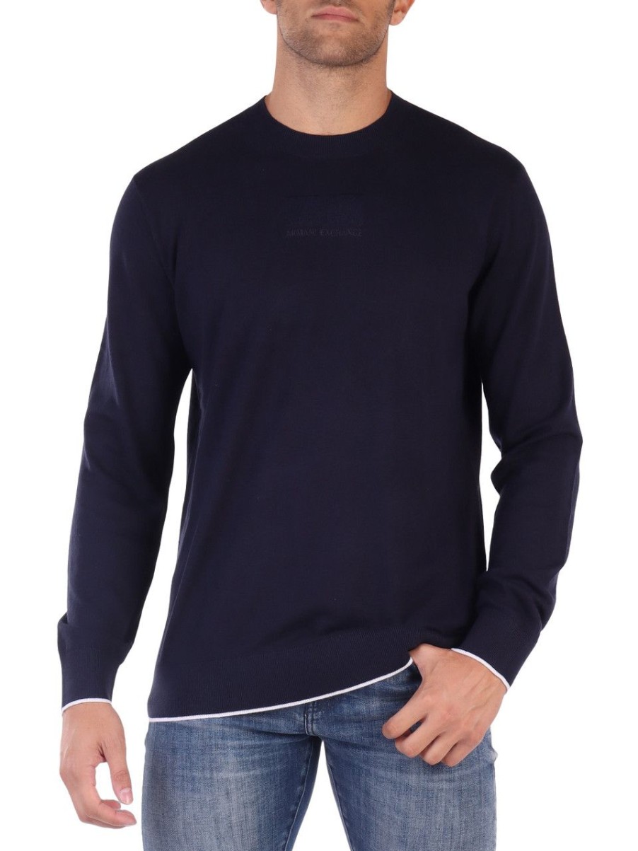 Uomo ARMANI EXCHANGE | Maglia Girocollo In Cotone - Viscosa E Seta Blu Scuro