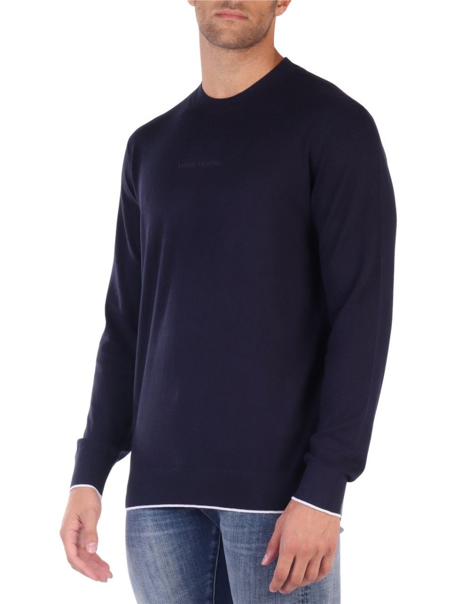 Uomo ARMANI EXCHANGE | Maglia Girocollo In Cotone - Viscosa E Seta Blu Scuro