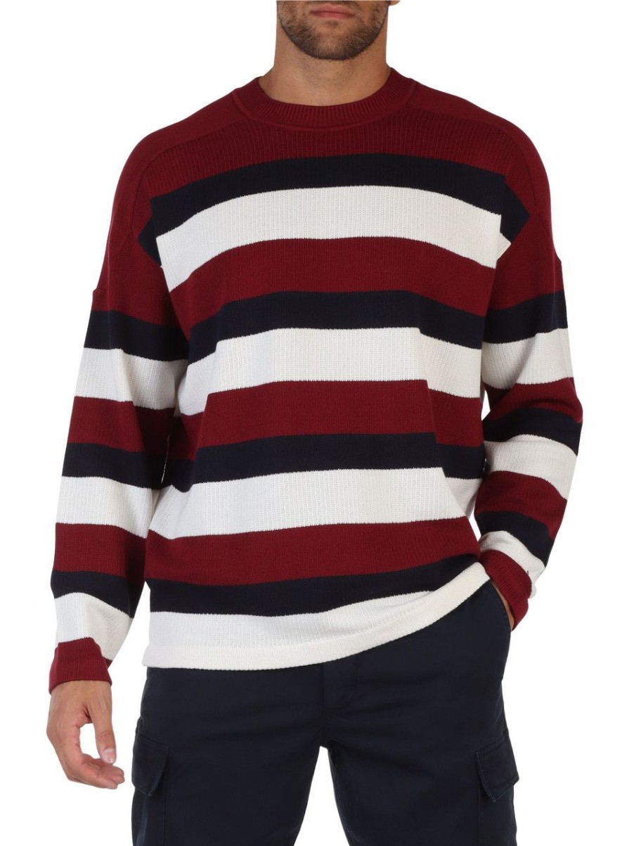 Uomo TOMMY HILFIGER | Maglia Girocollo A Righe In Cotone Rosso Scuro