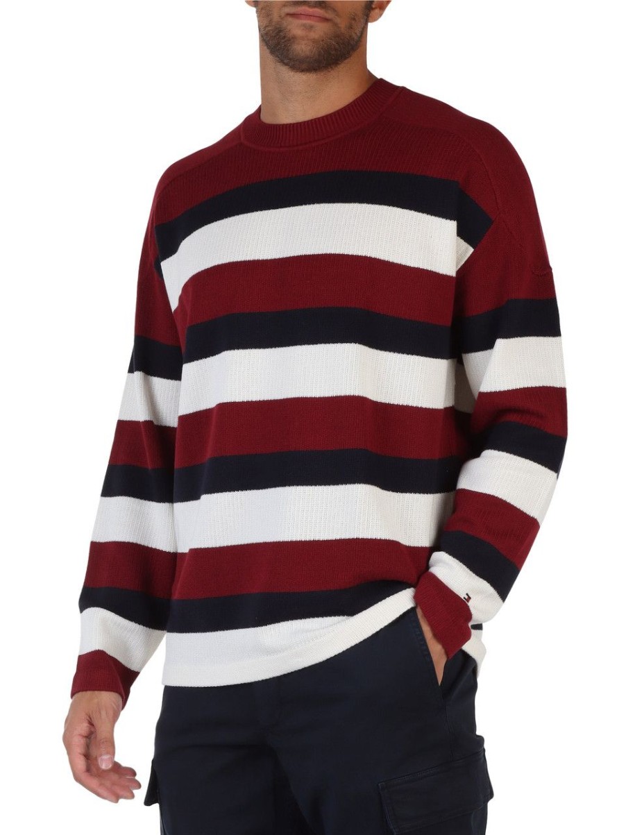 Uomo TOMMY HILFIGER | Maglia Girocollo A Righe In Cotone Rosso Scuro