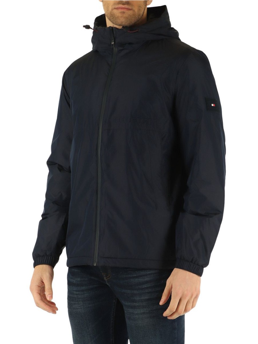 Uomo TOMMY HILFIGER | Giubbino Water Resistant Con Cappuccio E Patch Logo Blu Scuro