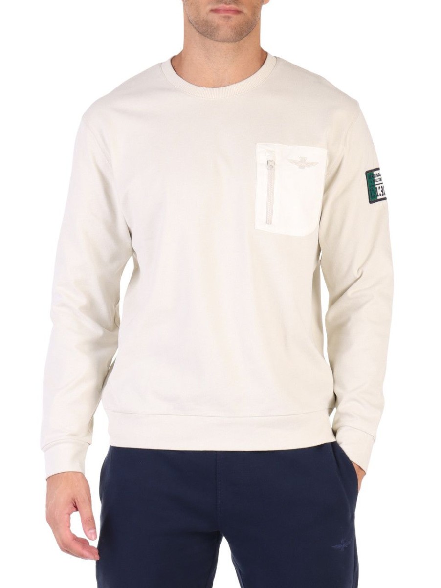 Uomo AERONAUTICA MILITARE | Felpa In Cotone Comfort Fit Con Taschino A Contrasto Panna