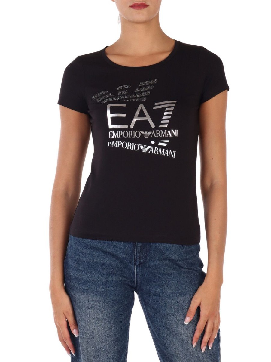 Donna EA7 | T-Shirt In Cotone Stretch Con Stampa Logo Frontale Nero