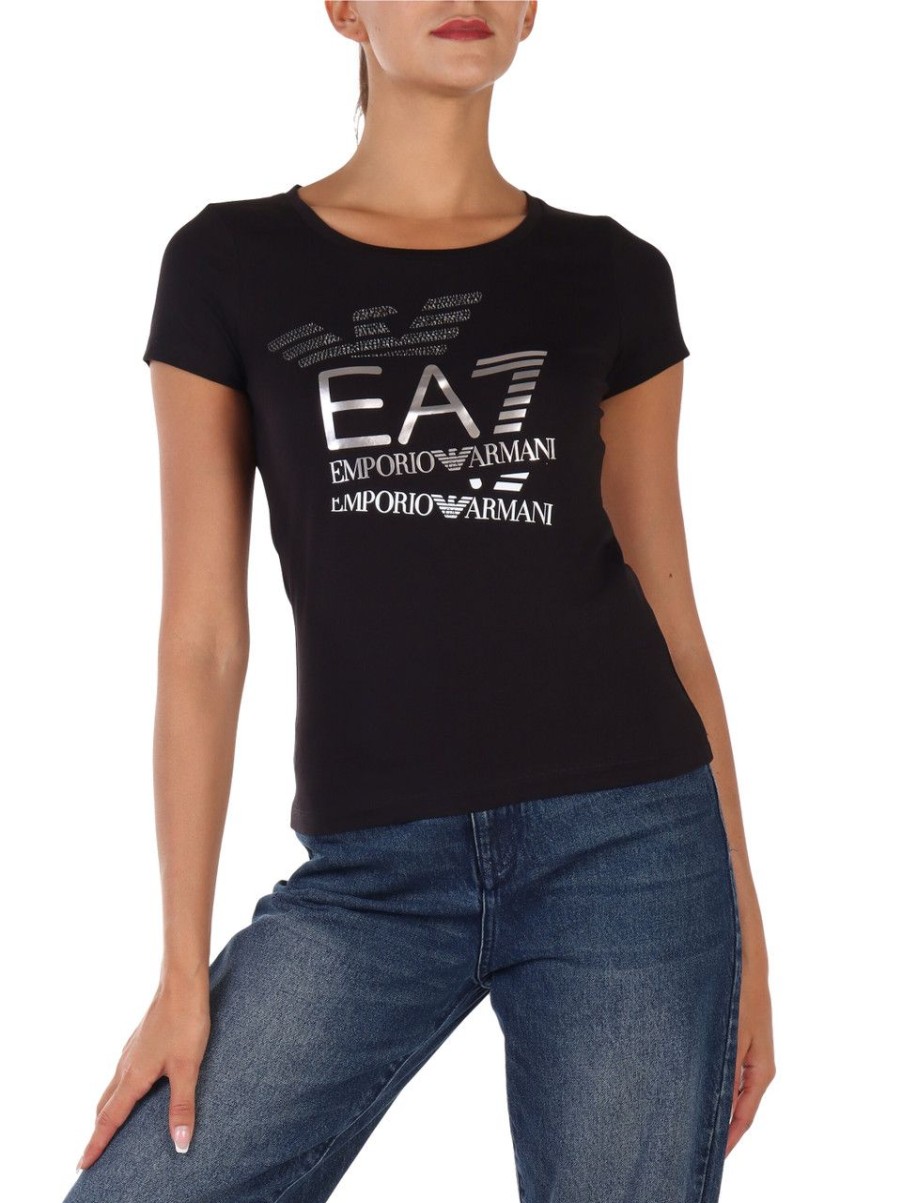 Donna EA7 | T-Shirt In Cotone Stretch Con Stampa Logo Frontale Nero