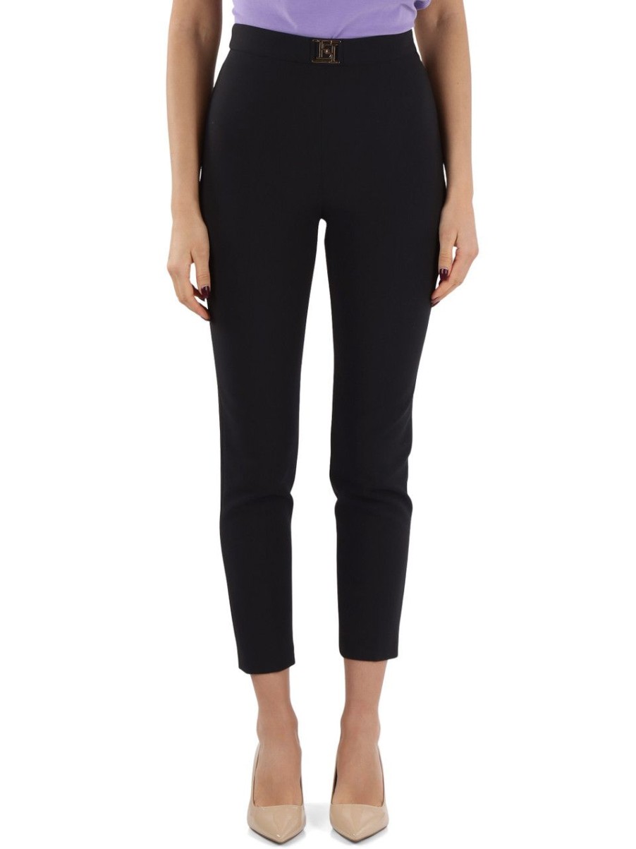 Donna ELISABETTA FRANCHI | Pantalone In Crepe Stretch Con Placca Logo Nero