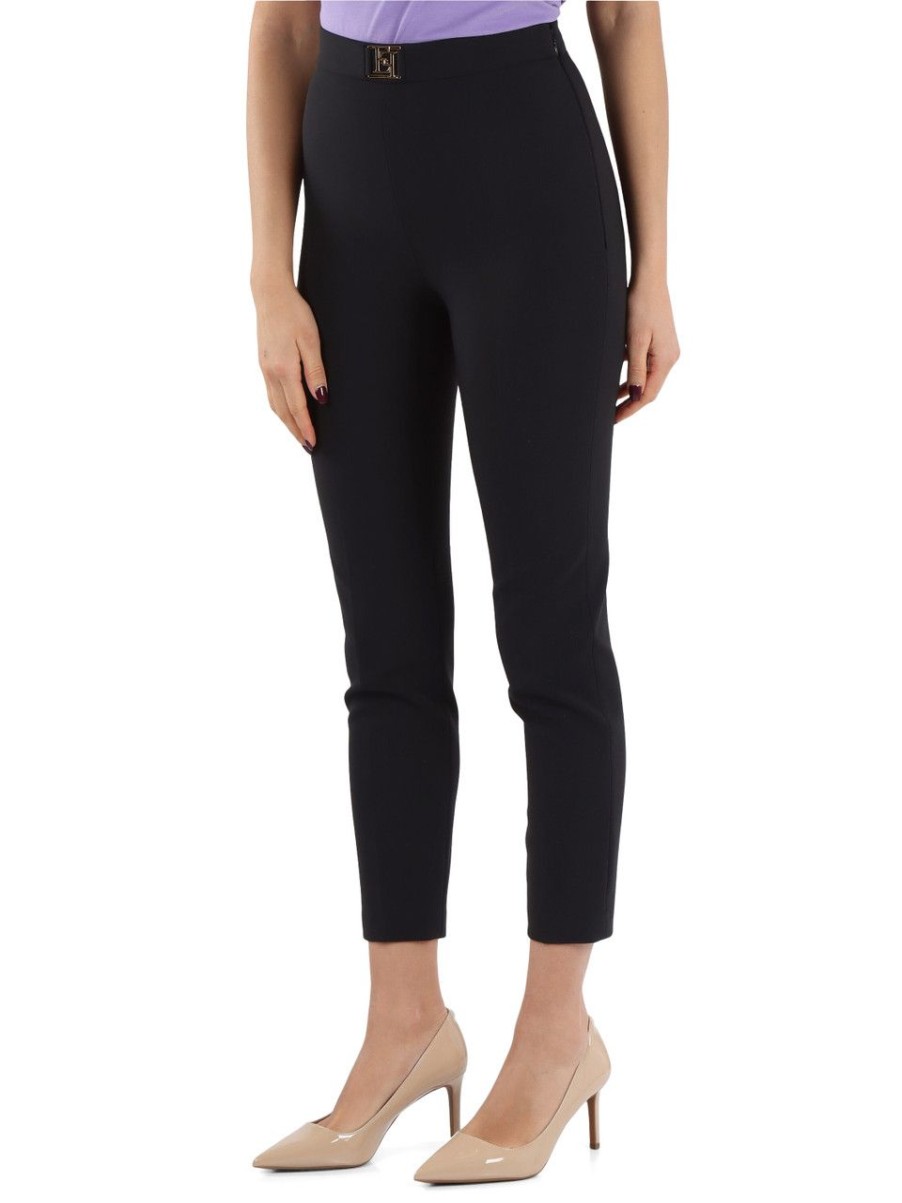 Donna ELISABETTA FRANCHI | Pantalone In Crepe Stretch Con Placca Logo Nero