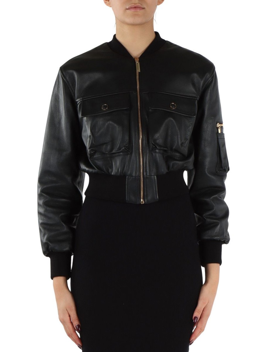 Donna ELISABETTA FRANCHI | Giubbino Bomber Cropped In Pelle Nero