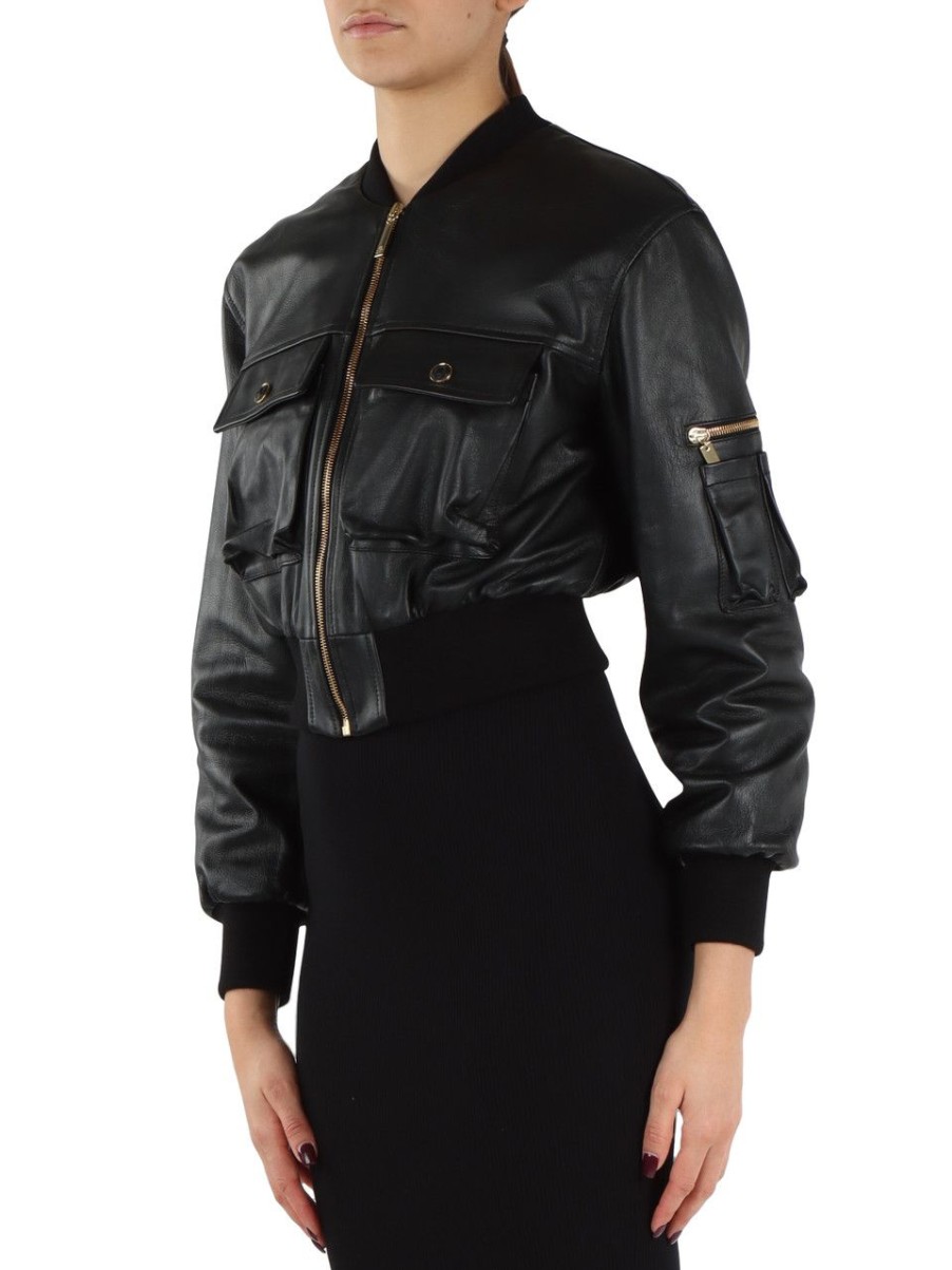 Donna ELISABETTA FRANCHI | Giubbino Bomber Cropped In Pelle Nero