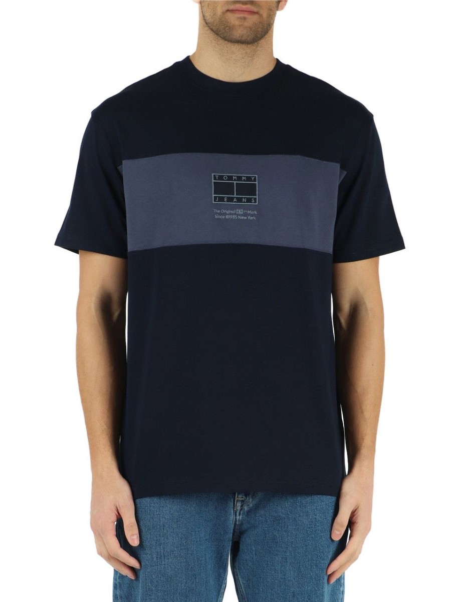 Uomo TOMMY JEANS | T-Shirt In Cotone Con Ricamo Logo Frontale Blu Scuro