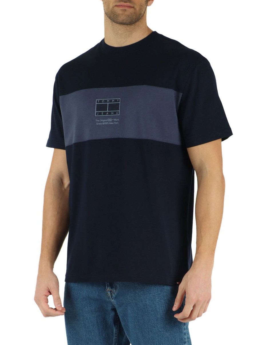 Uomo TOMMY JEANS | T-Shirt In Cotone Con Ricamo Logo Frontale Blu Scuro