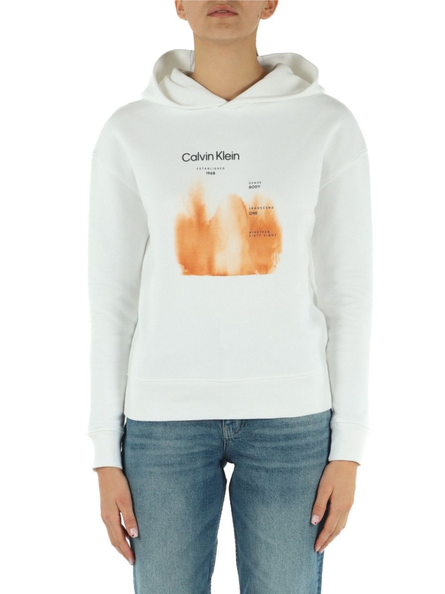 Donna CALVIN KLEIN | Felpa In Misto Cotone Con Scritta Logo A Rilievo Panna