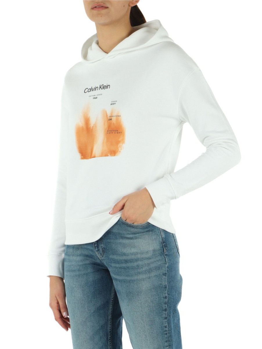 Donna CALVIN KLEIN | Felpa In Misto Cotone Con Scritta Logo A Rilievo Panna