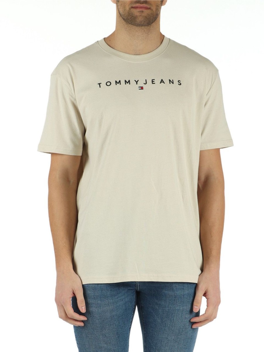 Uomo TOMMY JEANS | T-Shirt In Cotone Con Ricamo Logo Frontale Beige