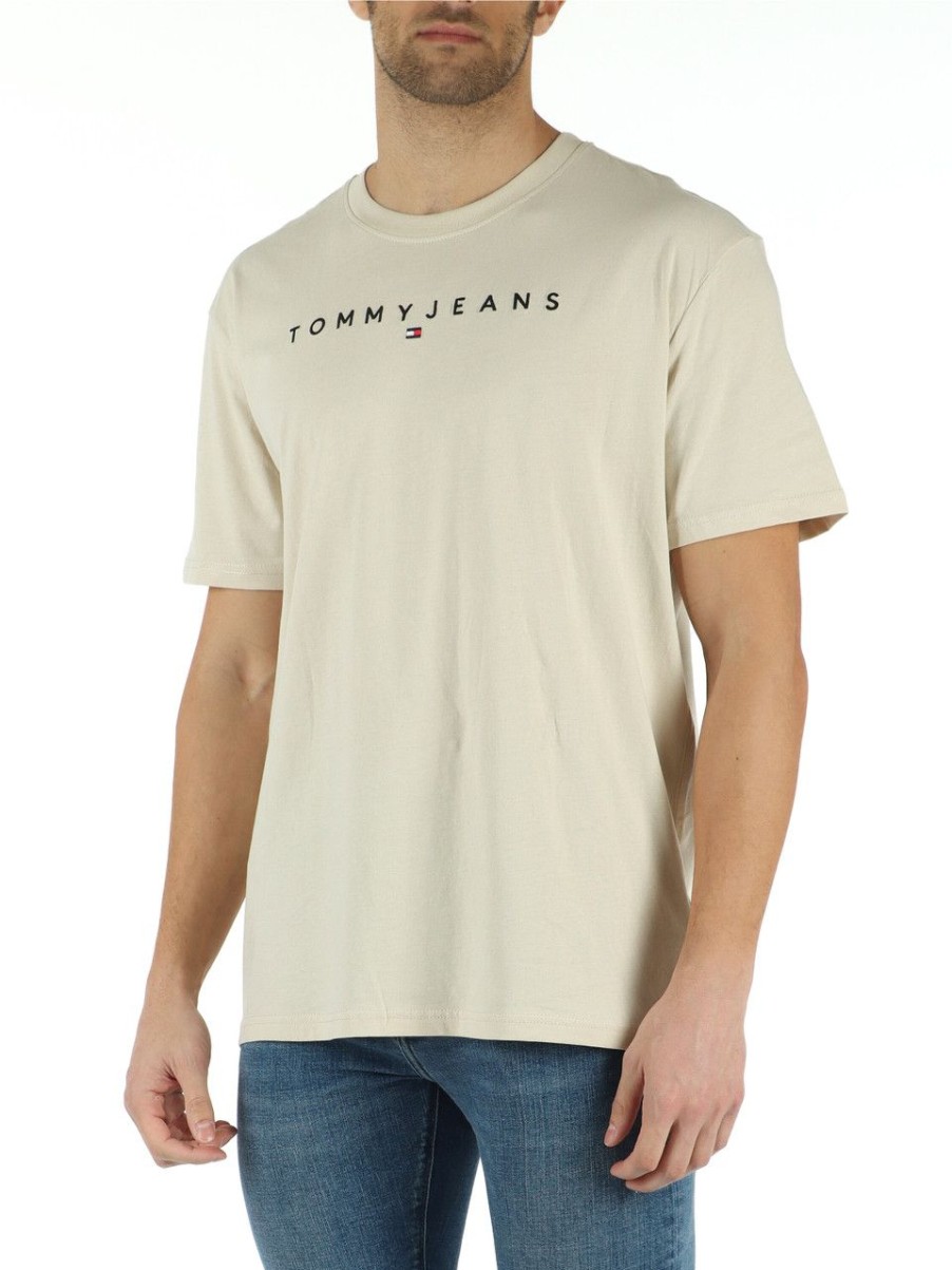 Uomo TOMMY JEANS | T-Shirt In Cotone Con Ricamo Logo Frontale Beige