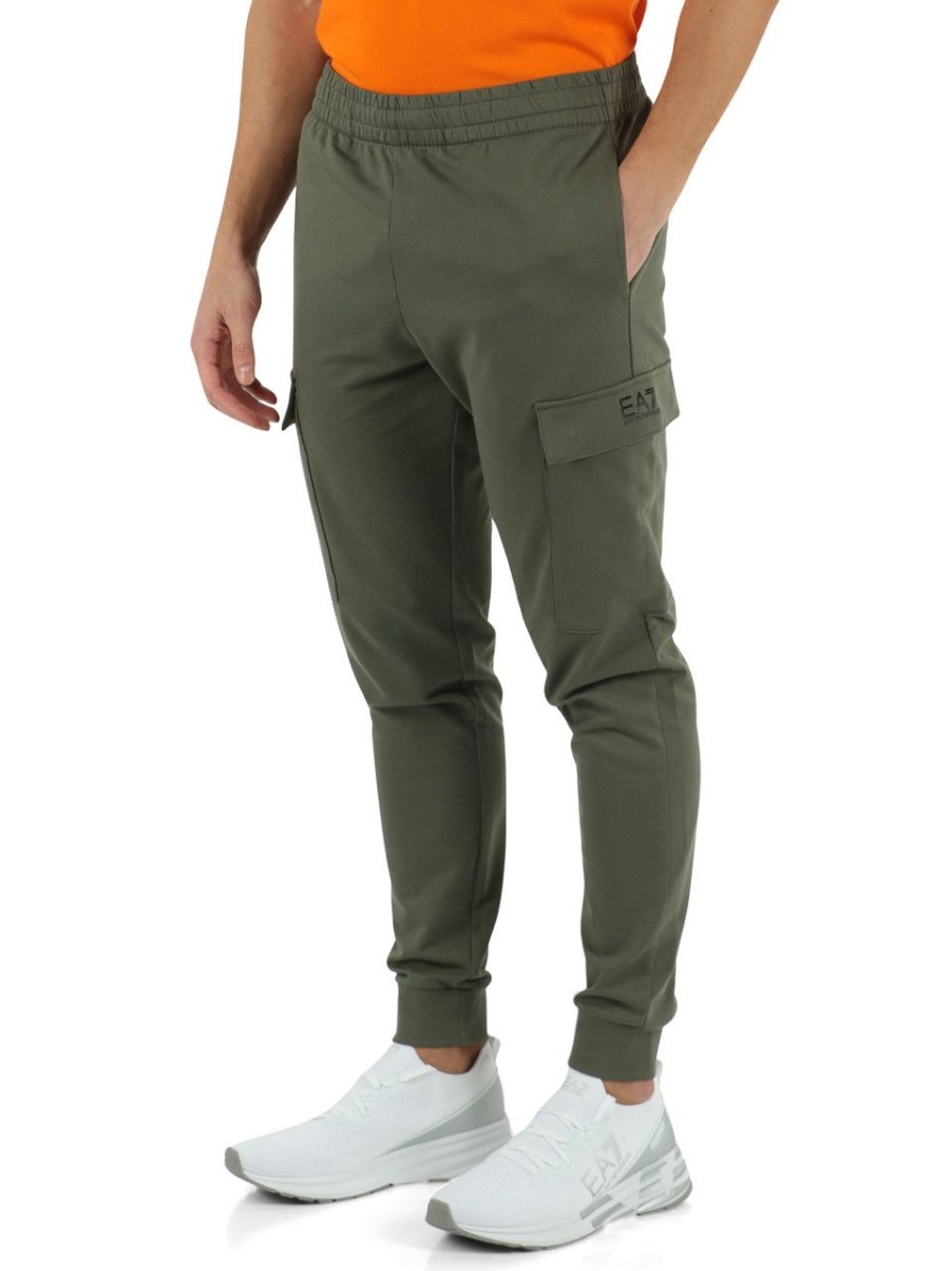 Uomo EA7 | Pantaloni Sportivi In Cotone Con Tasche Cargo Verde Militare