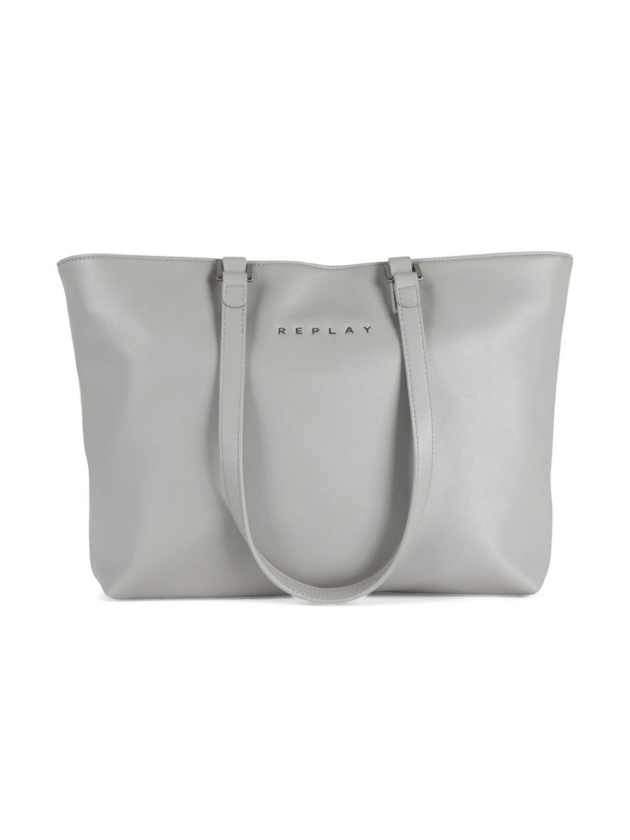 Donna REPLAY | Borsa Shopping Con Scritta Logo In Metallo Grigio Chiaro