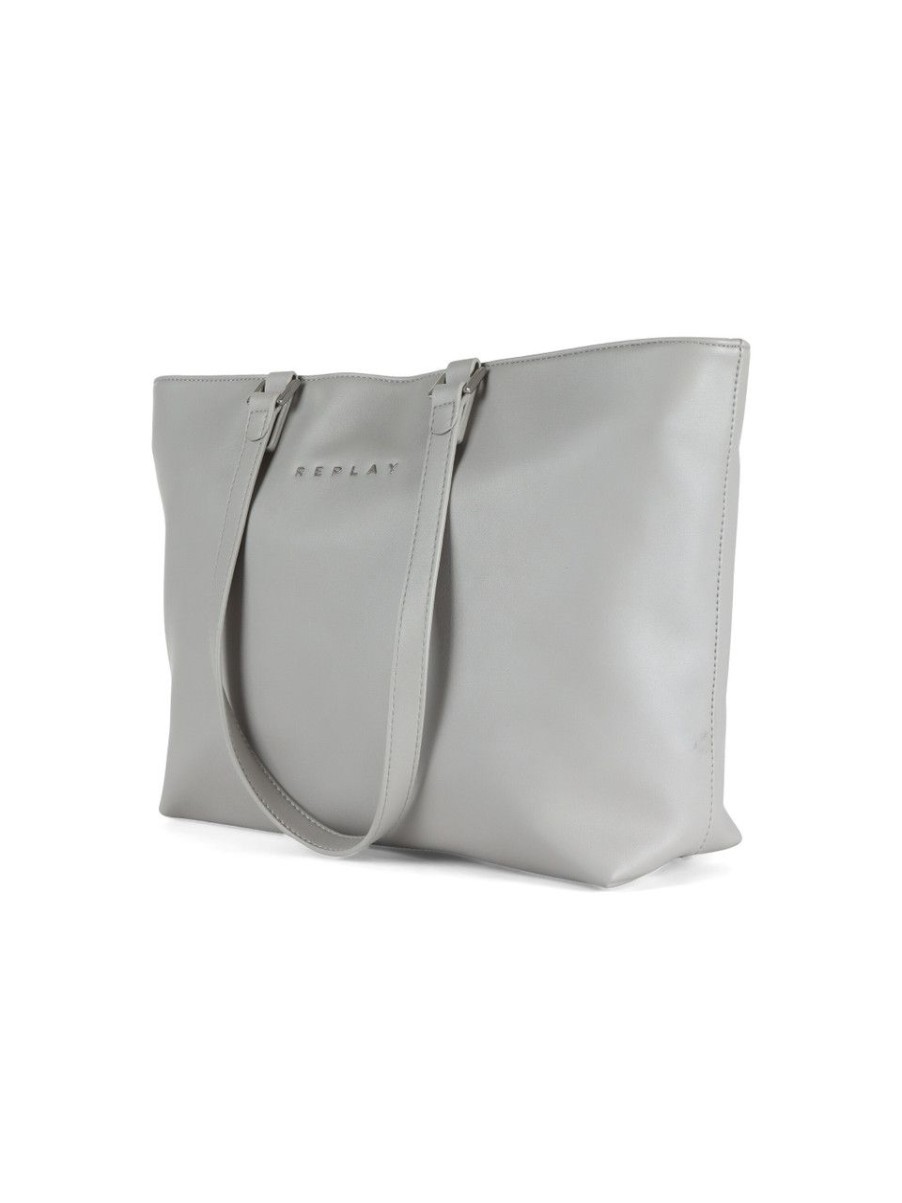 Donna REPLAY | Borsa Shopping Con Scritta Logo In Metallo Grigio Chiaro