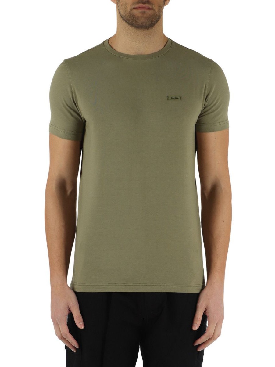 Uomo CALVIN KLEIN | T-Shirt Slim Fitin Cotone Stretch Con Patch Logo Frontale Verde Militare