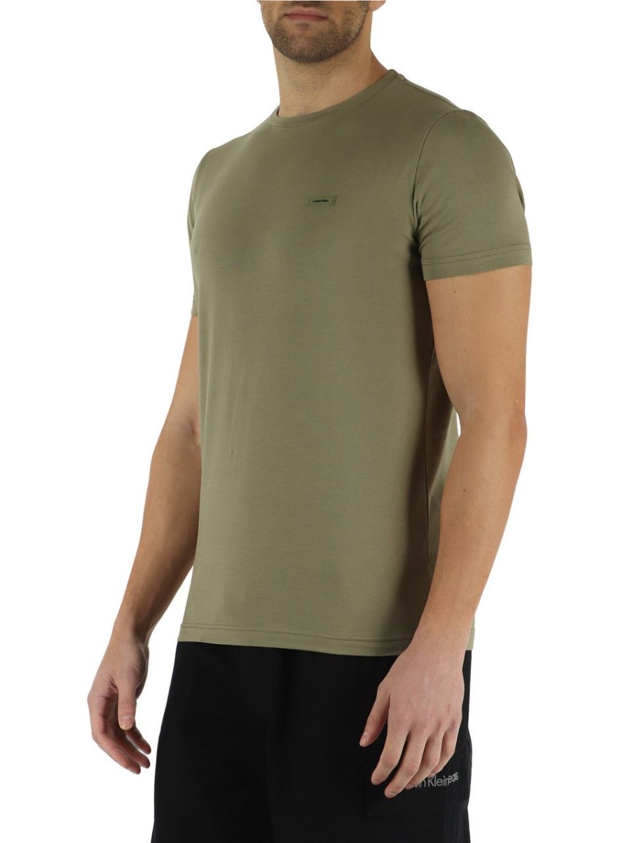 Uomo CALVIN KLEIN | T-Shirt Slim Fitin Cotone Stretch Con Patch Logo Frontale Verde Militare